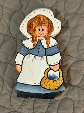 Vintage Signed Mary Ann Carpenter Hand Painted Wood Folk Art Pilgrim Girl